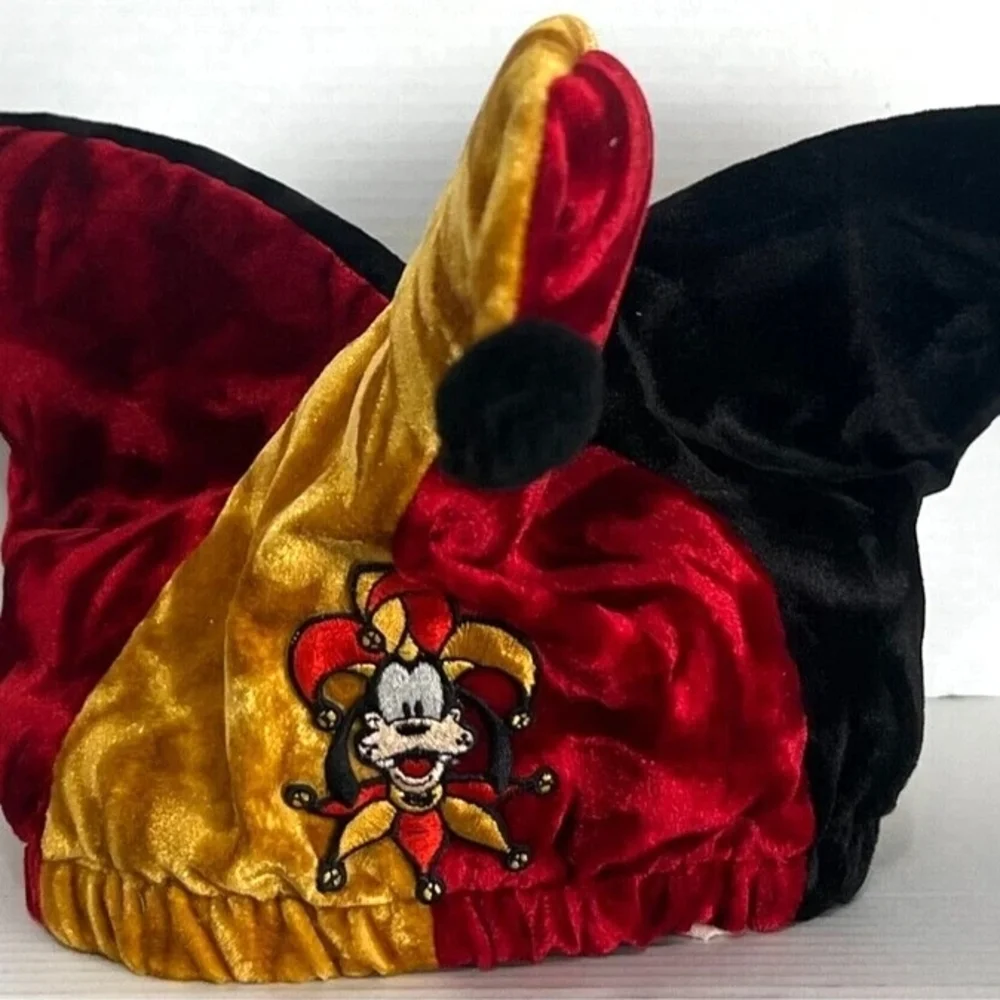 Disney GOOFY Velvet Jester Hat in Red, Gold, and Black with bells
